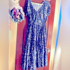 EShakti Dress 100% Cotton Floral, tiered peasant, 1x 18w, round trim, pockets